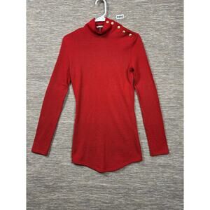 Balmain Sweater Womens Size XS Red Wool Mock Neck Button Shoulder Pullover *READ